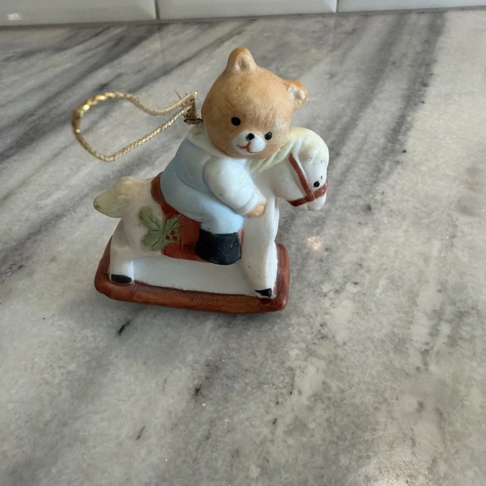 Porcelain Bisque Rocking Horse Teddy Bear Christmas Tree Ornaments Vintage GWB01